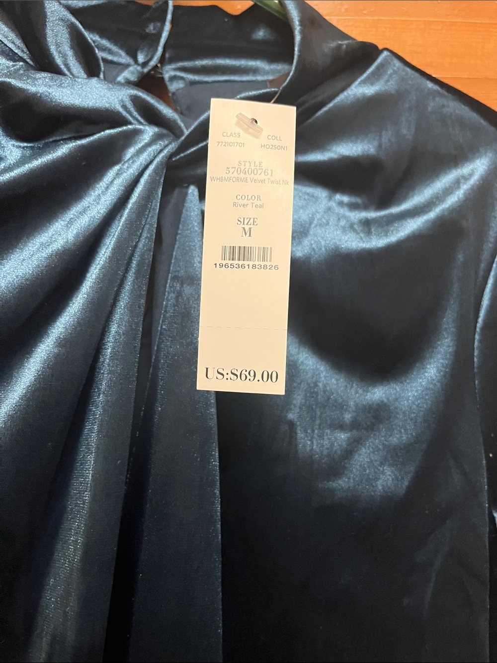 White House Black Market Teal Velvet Twist-Neck Long Sleeve Top - Picture 2 of 7